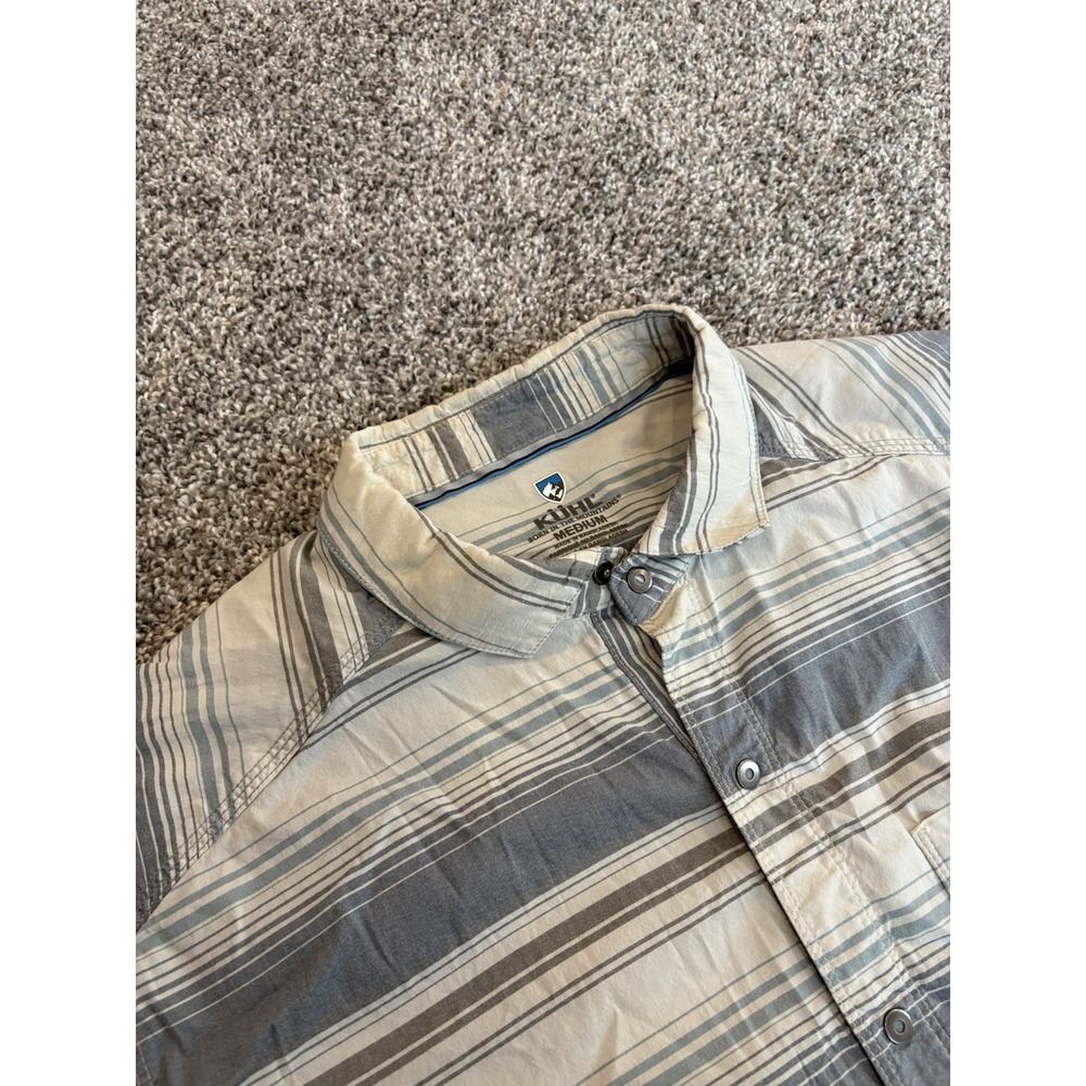 Kuhl Mens Short Sleeve Button Down Striped Shirt Blue Grey Cream Size Medium